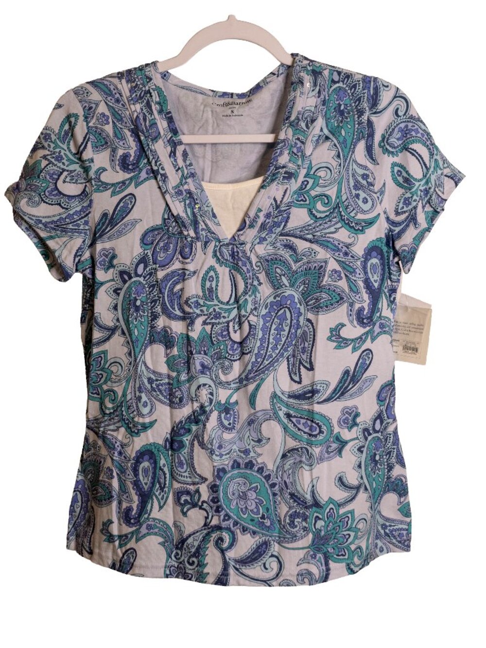 NWT Croft & Barrow Blue Teal Paisley Tee Shirt with Sequins - Small